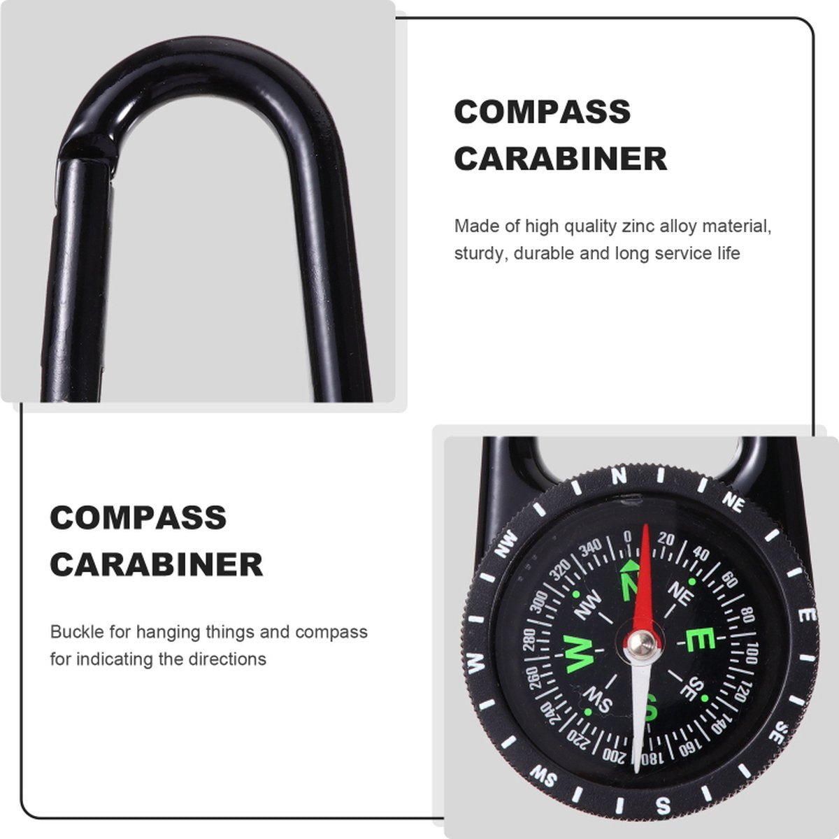 Multifunctional Compass Carabiner | Survival Multitool | Belt Clip | Extra‑Strong Portable Gear – Black