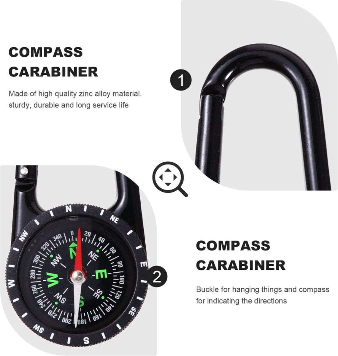 Multifunctional Compass Carabiner | Survival Multitool | Belt Clip | Extra‑Strong Portable Gear – Black