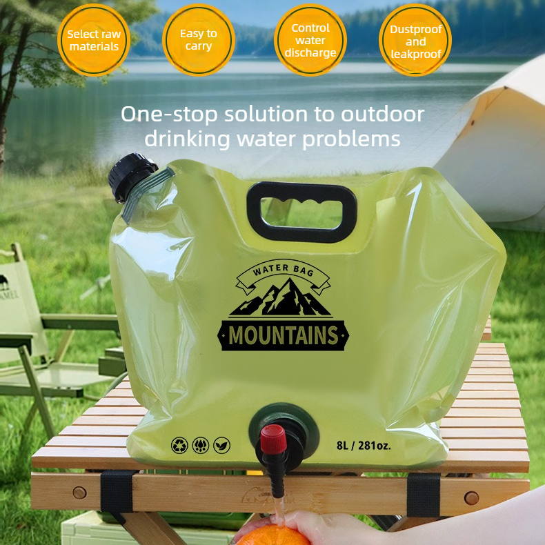 8L Large-Capacity Foldable Outdoor Water Bag,Built-in Faucet, Portable Camping and Travel Water Bag - Khaki